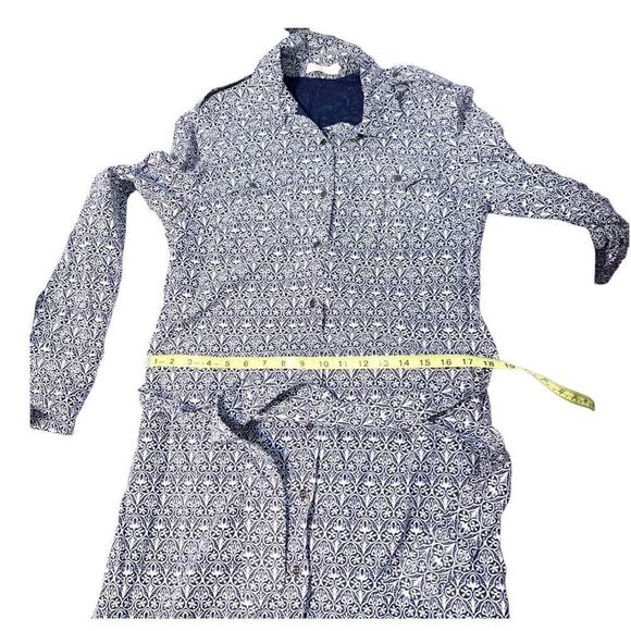 Tory Burch Blue Tile Printed White Button Up Belted Long Sleeve Work Dress Siz 8 - Picture 11 of 13